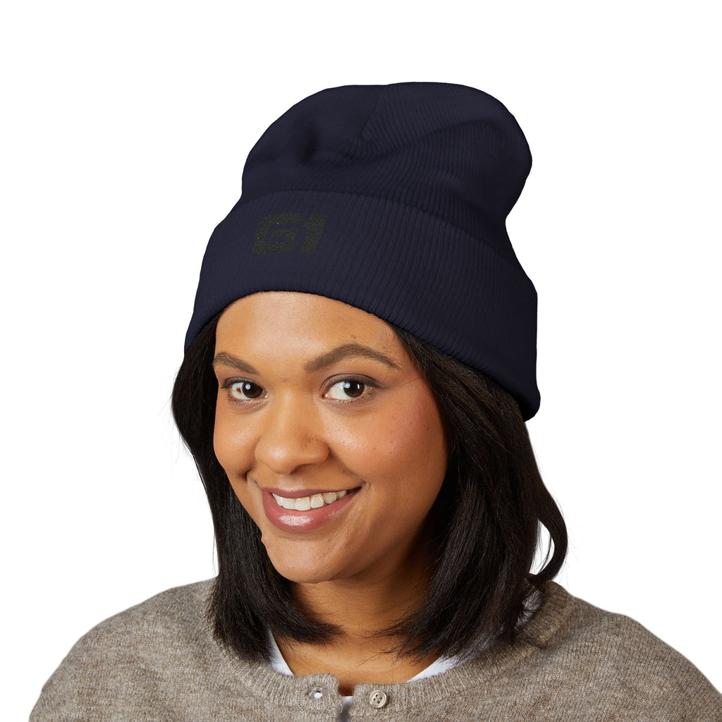Embroidered "G1" Classic Cuffed Beanie — Minimal Rib Knit Winter Hat