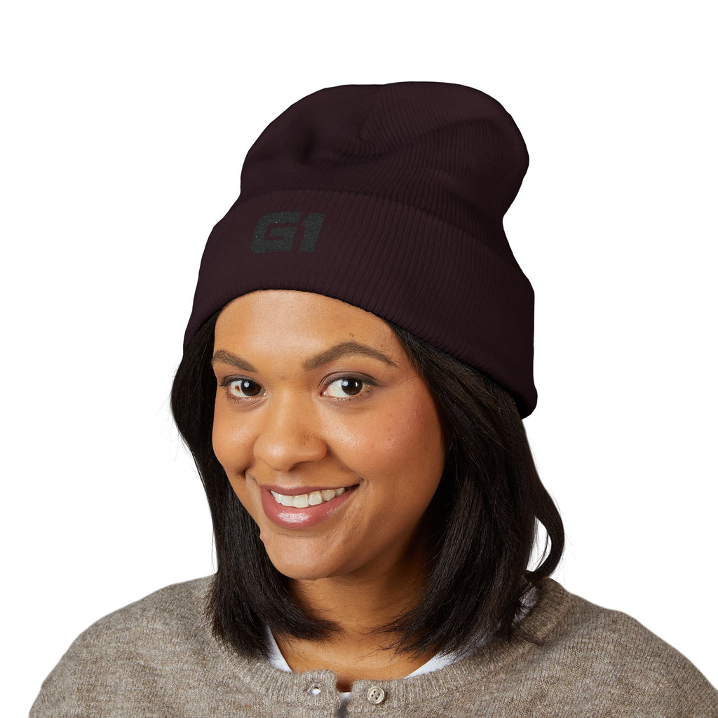 Embroidered "G1" Classic Cuffed Beanie — Minimal Rib Knit Winter Hat