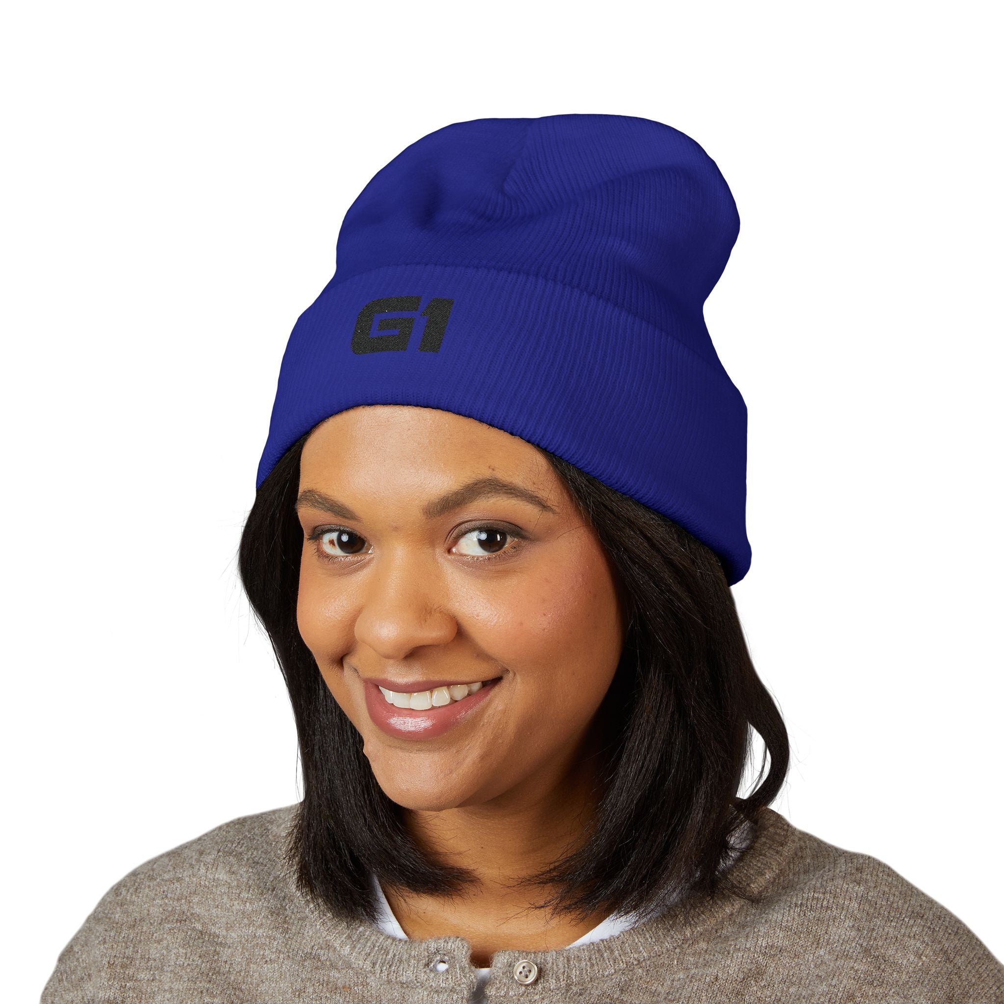 Embroidered "G1" Classic Cuffed Beanie — Minimal Rib Knit Winter Hat