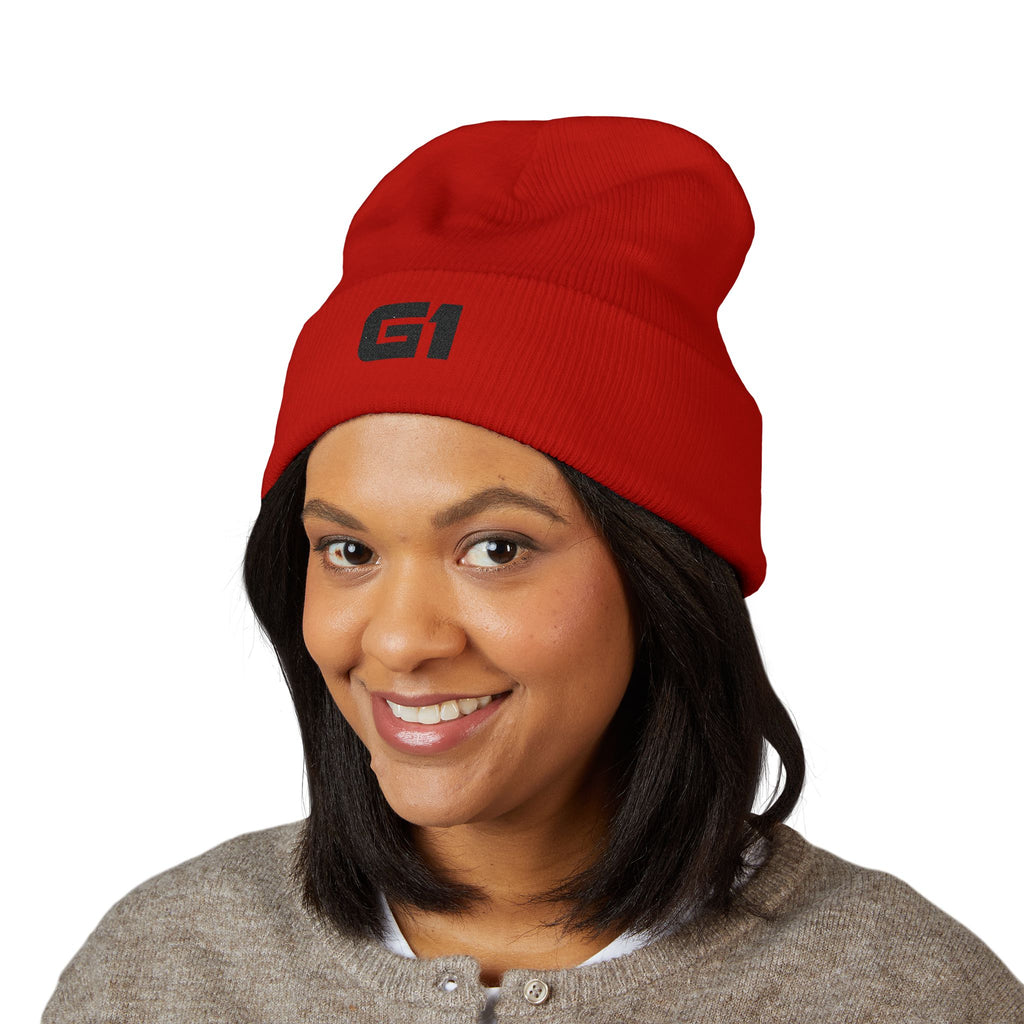 Embroidered "G1" Classic Cuffed Beanie — Minimal Rib Knit Winter Hat