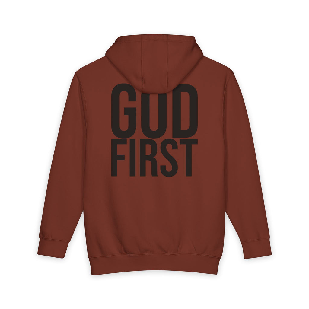 God First Hoodie — Minimal Front G1 Logo, Bold Back "GOD FIRST" Pullover