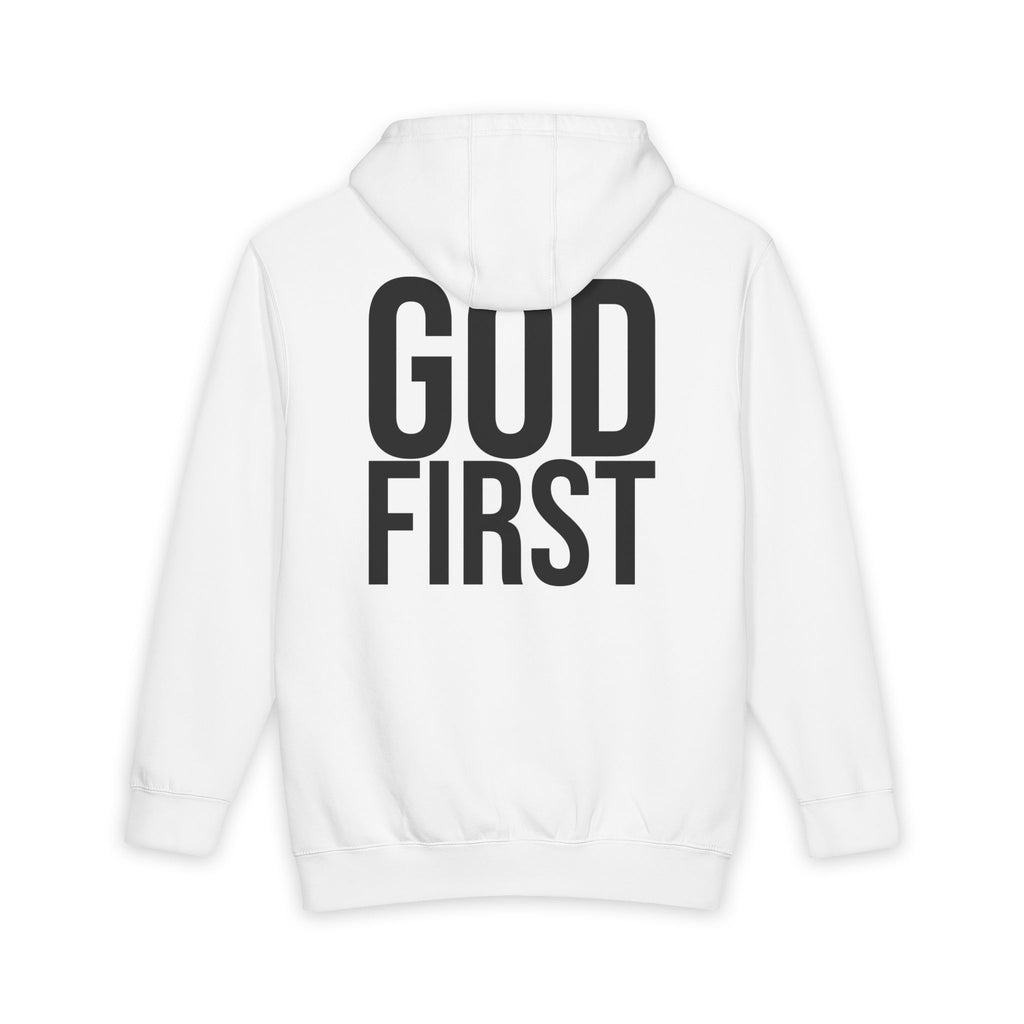 God First Hoodie — Minimal Front G1 Logo, Bold Back "GOD FIRST" Pullover