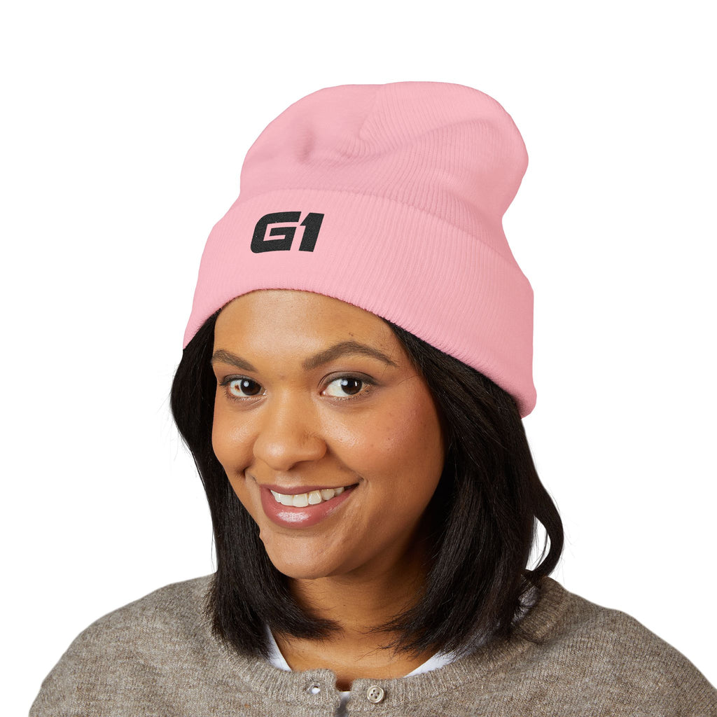 Embroidered "G1" Classic Cuffed Beanie — Minimal Rib Knit Winter Hat