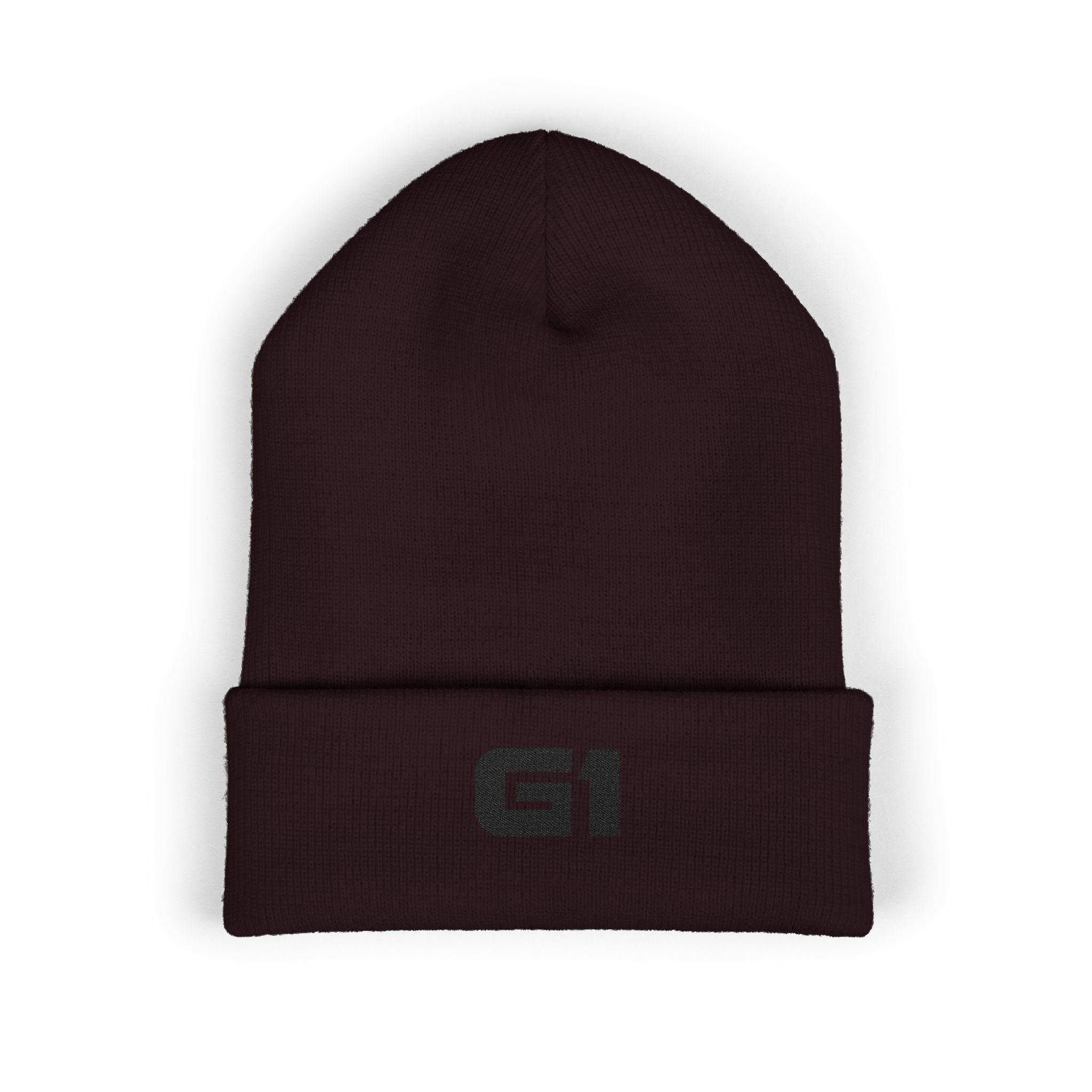 Embroidered "G1" Classic Cuffed Beanie — Minimal Rib Knit Winter Hat