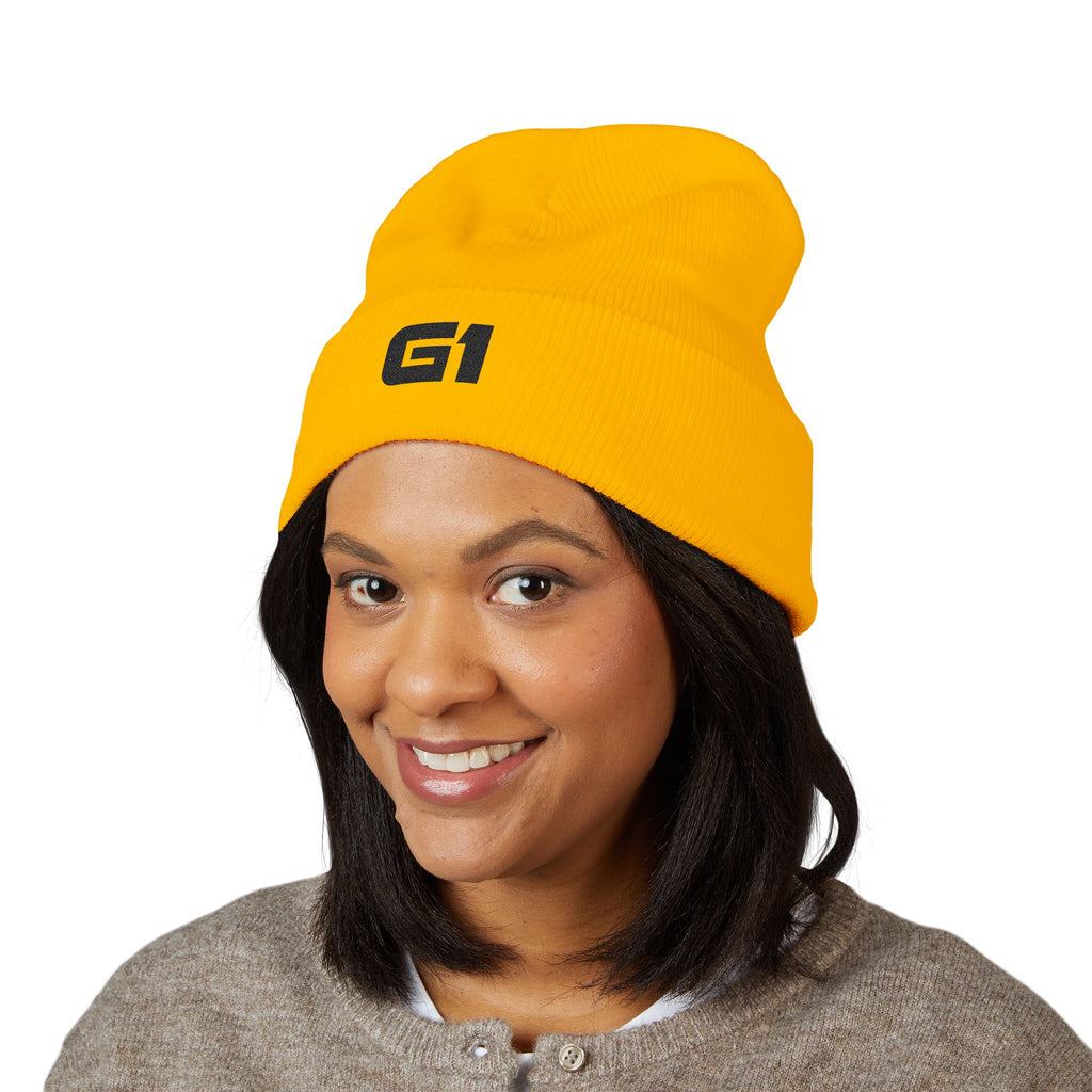 Embroidered "G1" Classic Cuffed Beanie — Minimal Rib Knit Winter Hat
