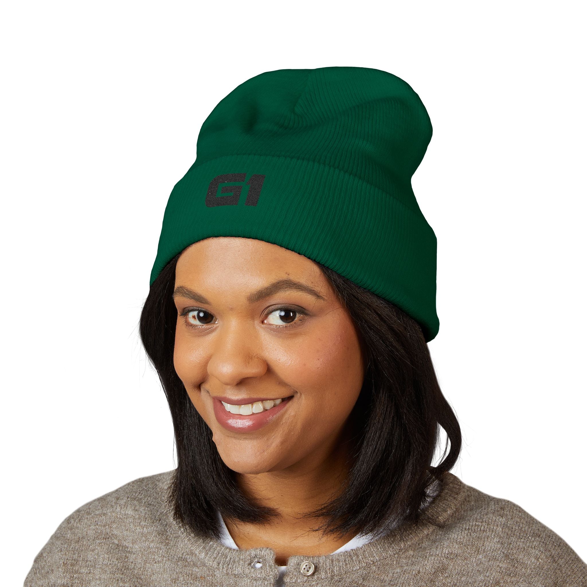 Embroidered "G1" Classic Cuffed Beanie — Minimal Rib Knit Winter Hat
