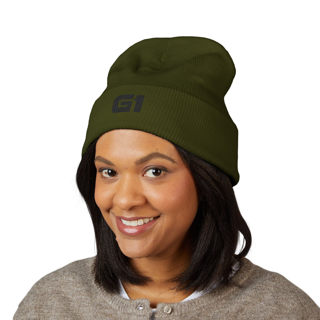Embroidered "G1" Classic Cuffed Beanie — Minimal Rib Knit Winter Hat